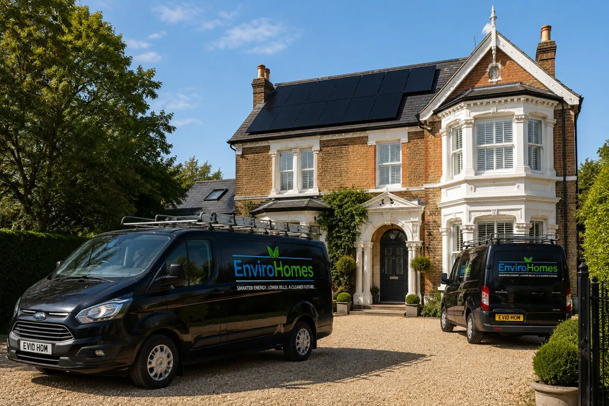 Illustrative EnviroHomes branded vans outside a traditional British property with solar panels