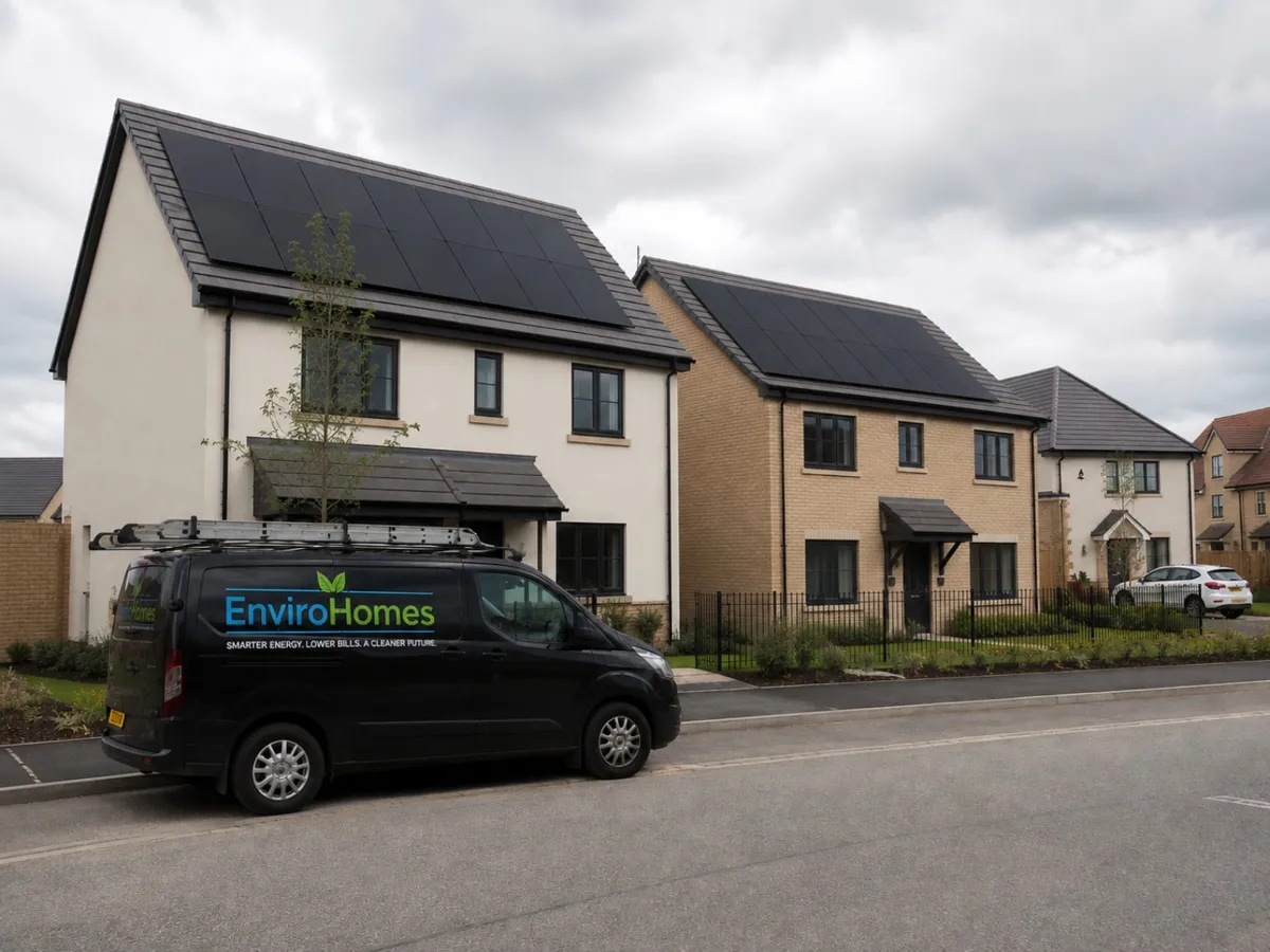 Illustrative EnviroHomes branded van outside modern British homes with solar panels
