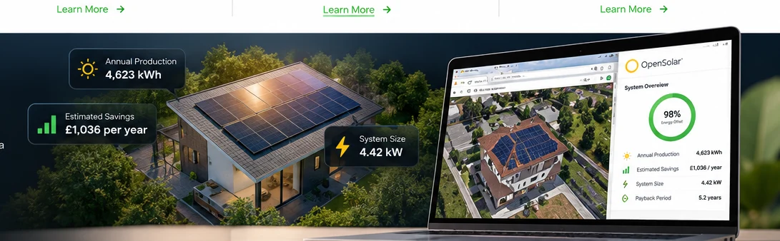 Illustrative visual of a detailed digital solar design with roof layout and performance dashboard